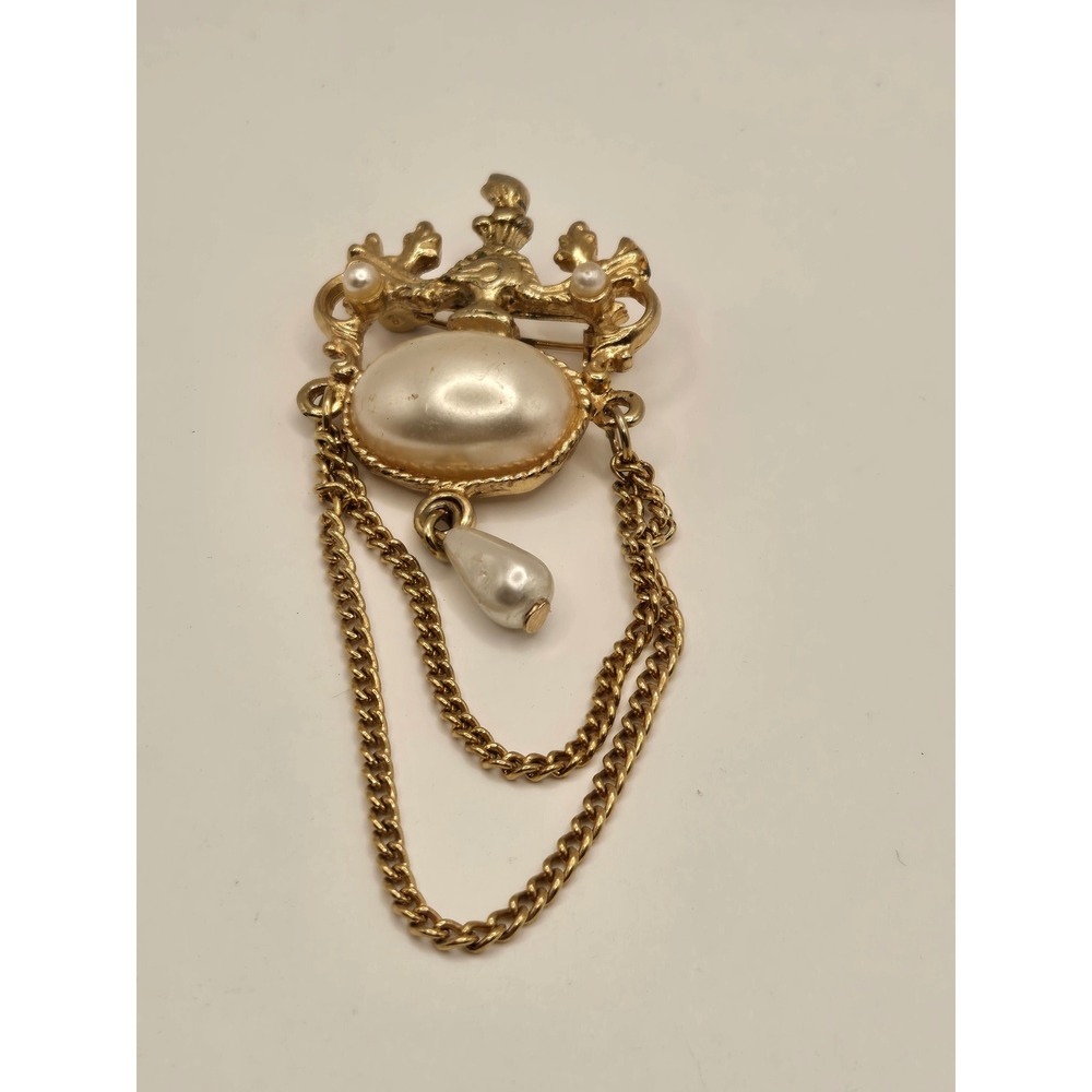 Vintage Gold Tone Faux Pearl Crest Brooch with Draping Chains Statement Pin